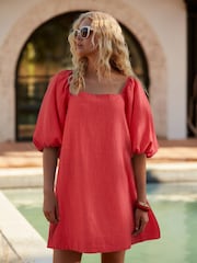 Coral Pink Linen Blend Puff Sleeve Mini Dress - Image 2 of 6