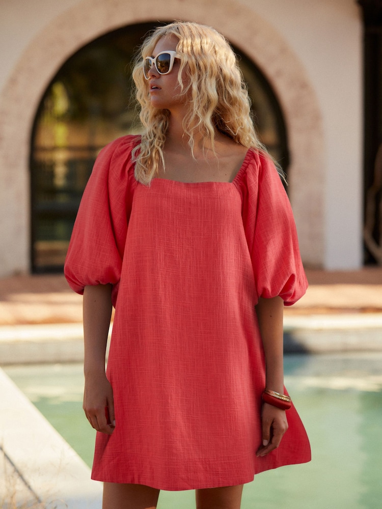 Coral Pink Linen Blend Puff Sleeve Mini Dress - Image 2 of 6