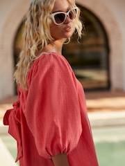 Coral Pink Linen Blend Puff Sleeve Mini Dress - Image 4 of 6