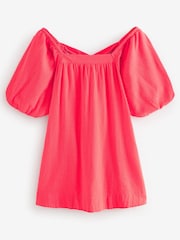 Coral Pink Linen Blend Puff Sleeve Mini Dress - Image 5 of 6