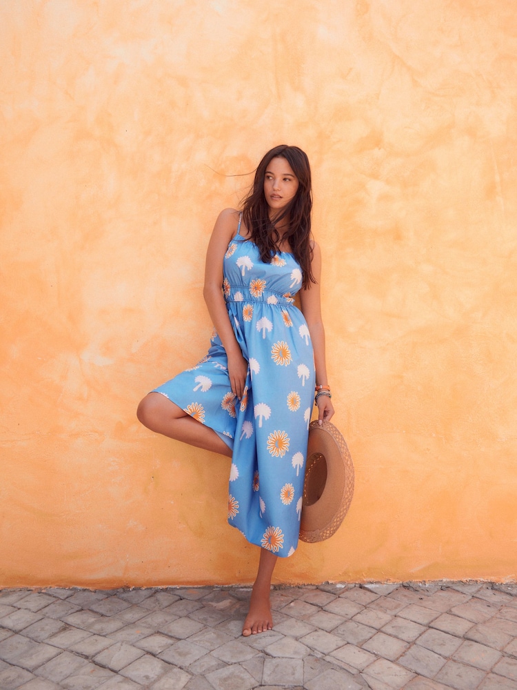 Blue/White Print 100% Cotton Strappy Midi Dress - Image 1 of 7 Blue/White Print 100% Cotton Strappy Midi Dress - Image 1 of 7