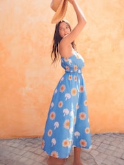 Blue/White Print 100% Cotton Strappy Midi Dress - Image 2 of 7