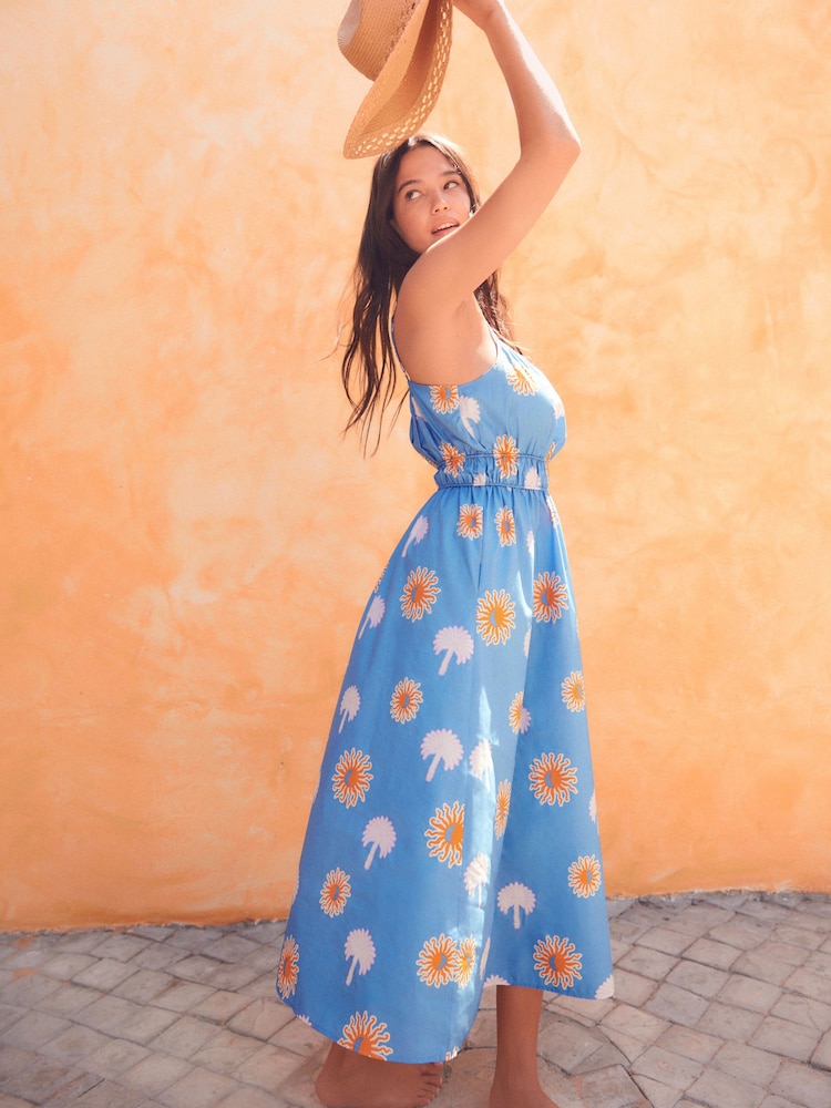 Blue/White Print 100% Cotton Strappy Midi Dress - Image 2 of 7