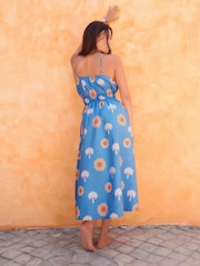 Blue/White Print 100% Cotton Strappy Midi Dress - Image 3 of 7