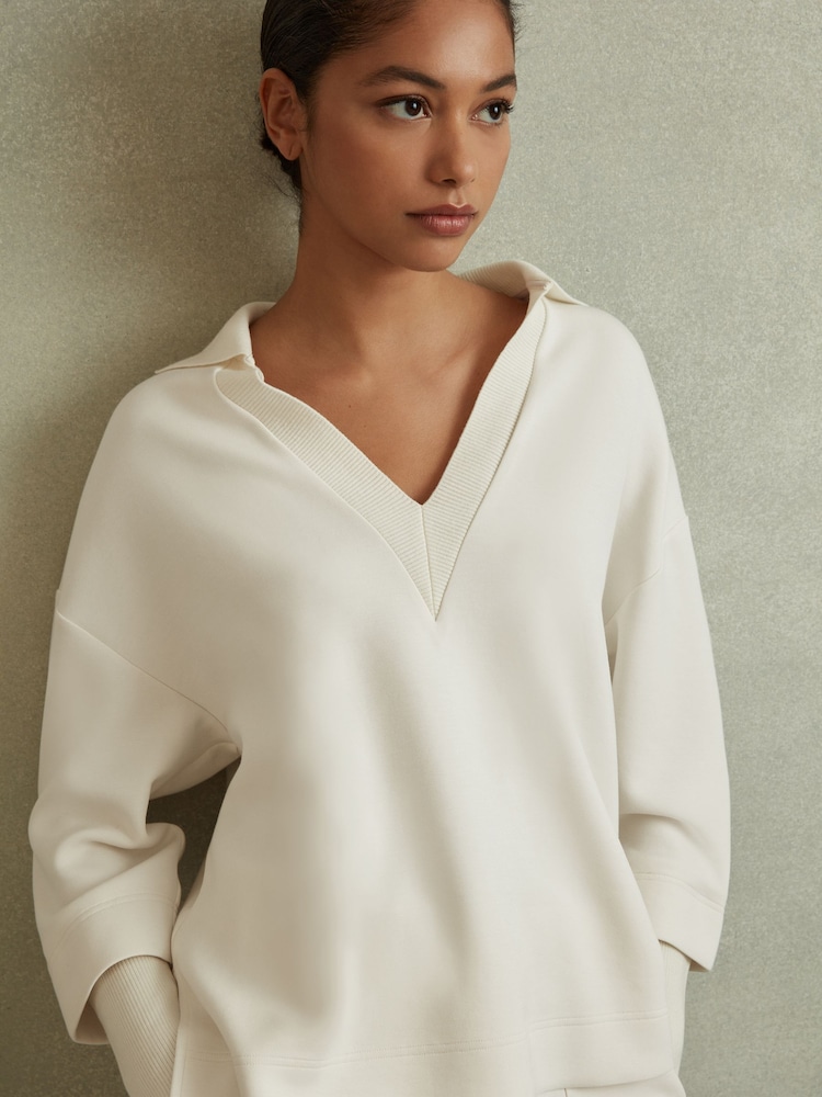 Reiss Cream Bernie Interlock Open-Collar Sweatshirt - Image 1 of 5 Reiss Cream Bernie Interlock Open-Collar Sweatshirt - Image 1 of 5