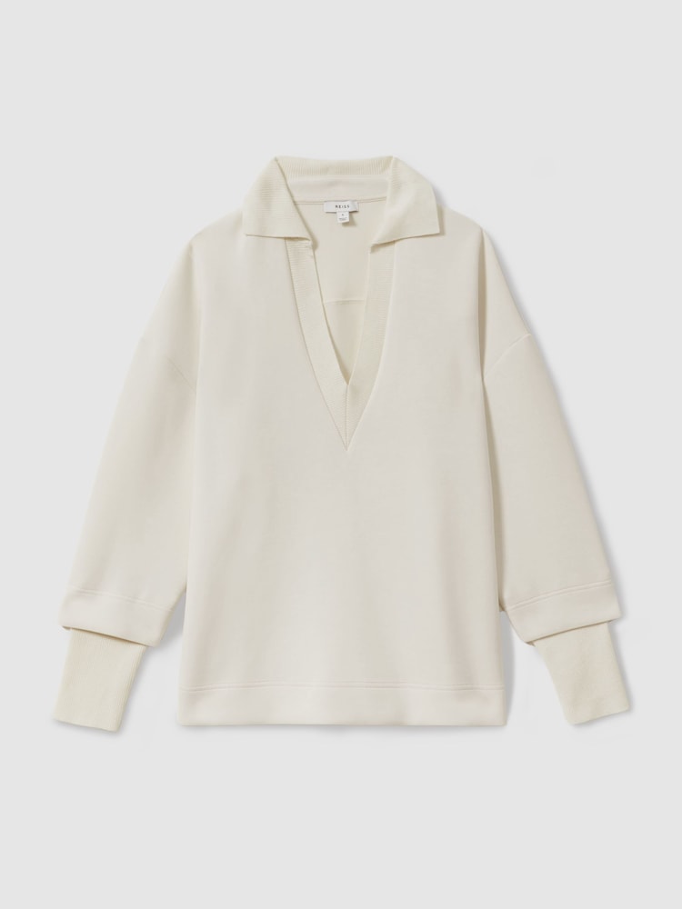 Reiss Cream Bernie Interlock Open-Collar Sweatshirt - Image 2 of 5 Reiss Cream Bernie Interlock Open-Collar Sweatshirt - Image 2 of 5
