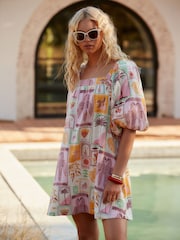 Pink Printed Linen Blend Puff Sleeve Mini Dress - Image 2 of 8