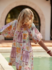 Pink Printed Linen Blend Puff Sleeve Mini Dress - Image 3 of 8