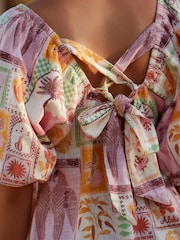 Pink Printed Linen Blend Puff Sleeve Mini Dress - Image 4 of 8