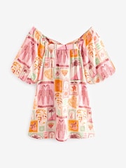 Pink Printed Linen Blend Puff Sleeve Mini Dress - Image 6 of 8