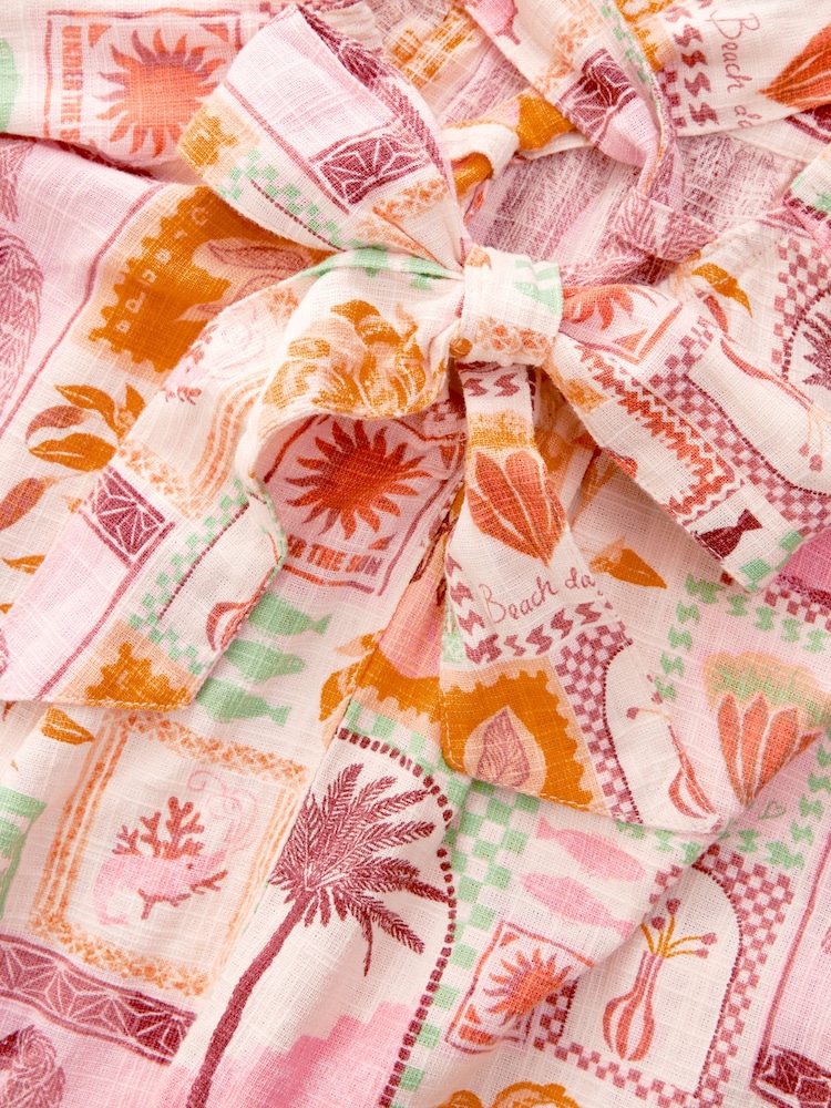 Pink Printed Linen Blend Puff Sleeve Mini Dress - Image 8 of 8