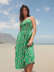 Green Print 100% Cotton Strappy Midi Dress - Image 1 of 5