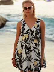 Ecru/Yellow Lemon Print Linen Blend V-Neck Summer Mini Dress - Image 1 of 6