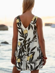 Ecru/Yellow Lemon Print Linen Blend V-Neck Summer Mini Dress - Image 3 of 6