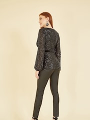 Yumi Black Sequin Wrap Top With Velvet Tie - Image 2 of 4