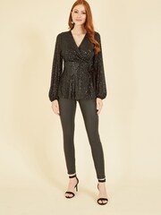 Yumi Black Sequin Wrap Top With Velvet Tie - Image 3 of 4