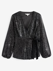 Yumi Black Sequin Wrap Top With Velvet Tie - Image 4 of 4