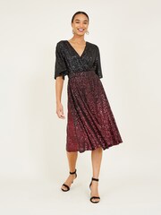 Yumi Red Ombre Sequin Midi Wrap Dress - Image 1 of 5