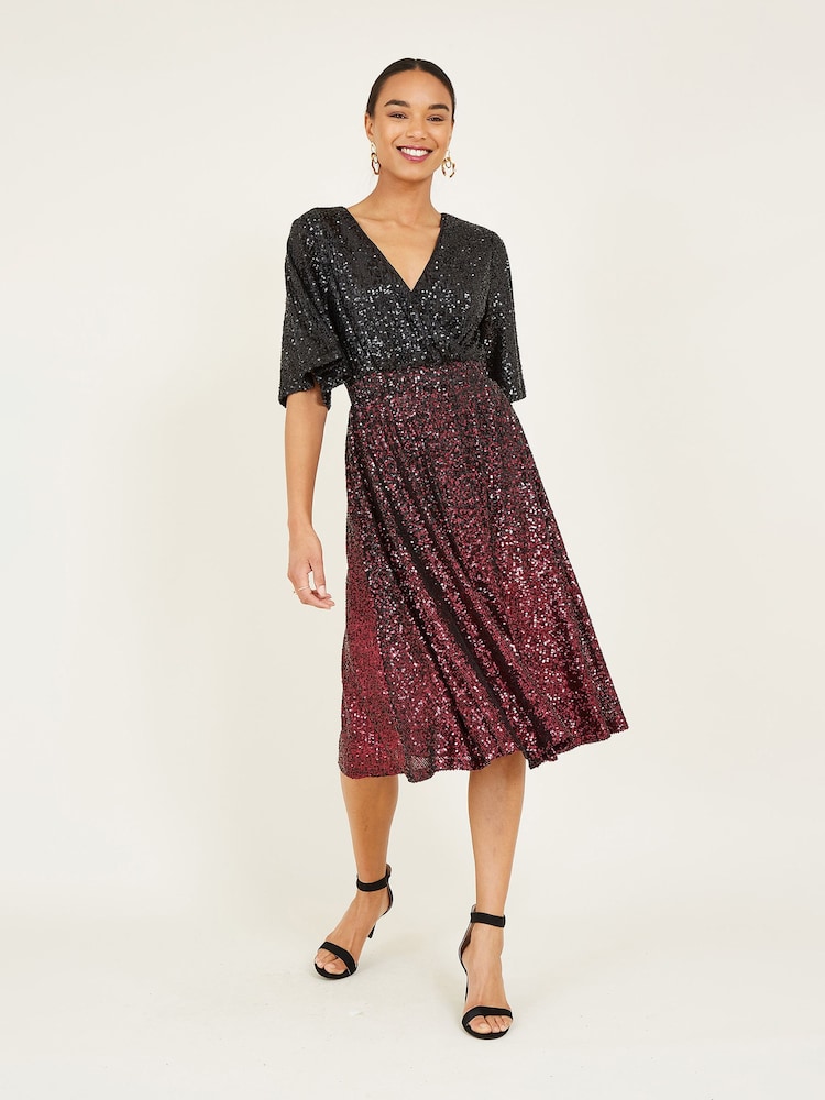 Yumi Red Ombre Sequin Midi Wrap Dress - Image 1 of 5