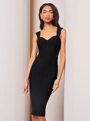 Lipsy Black Mesh Detail Corset Bandage Midi Dress - Image 1 of 4