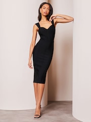 Lipsy Black Mesh Detail Corset Bandage Midi Dress - Image 3 of 4