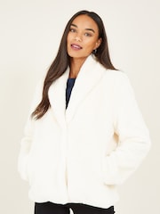 Yumi Cream Short Wrap Faux Fur Coat - Image 1 of 4