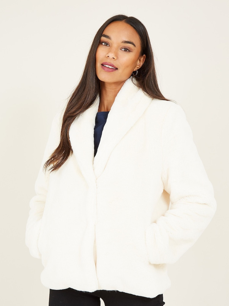 Yumi Cream Short Wrap Faux Fur Coat - Image 1 of 4