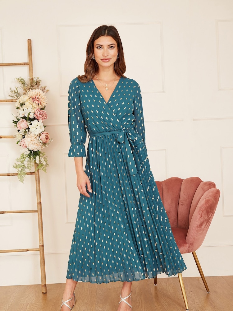 Teal Blue - Yumi Foil Printed Pleated Wrap Midi Dress - Image 1 of 5 Teal Blue - Yumi Foil Printed Pleated Wrap Midi Dress - Image 1 of 5