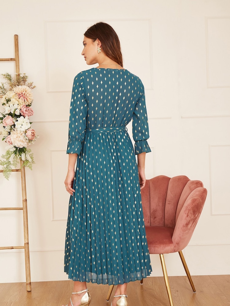 Teal Blue - Yumi Foil Printed Pleated Wrap Midi Dress - Image 2 of 5 Teal Blue - Yumi Foil Printed Pleated Wrap Midi Dress - Image 2 of 5