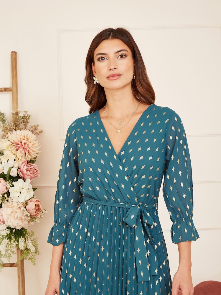 Buy Yumi Teal Blue Foil Printed Pleated Wrap Midi Dress from the