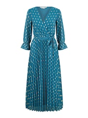 Yumi Teal Blue Foil Printed Pleated Wrap Midi Dress - Image 5 of 5