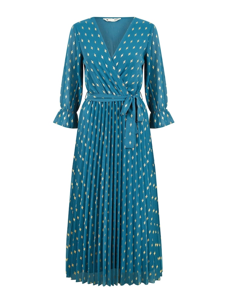Yumi Teal Blue Foil Printed Pleated Wrap Midi Dress - Image 5 of 5