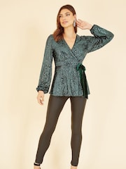 Yumi Green Sequin Wrap Top - Image 1 of 5