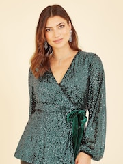 Yumi Green Sequin Wrap Top - Image 4 of 5