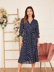 Yumi Blue Foil Printed Pleated Wrap Midi Dress - Image 1 of 5