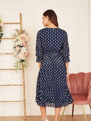 Yumi Blue Foil Printed Pleated Wrap Midi Dress - Image 2 of 5