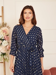 Yumi Blue Foil Printed Pleated Wrap Midi Dress - Image 3 of 5