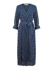 Yumi Blue Foil Printed Pleated Wrap Midi Dress - Image 5 of 5
