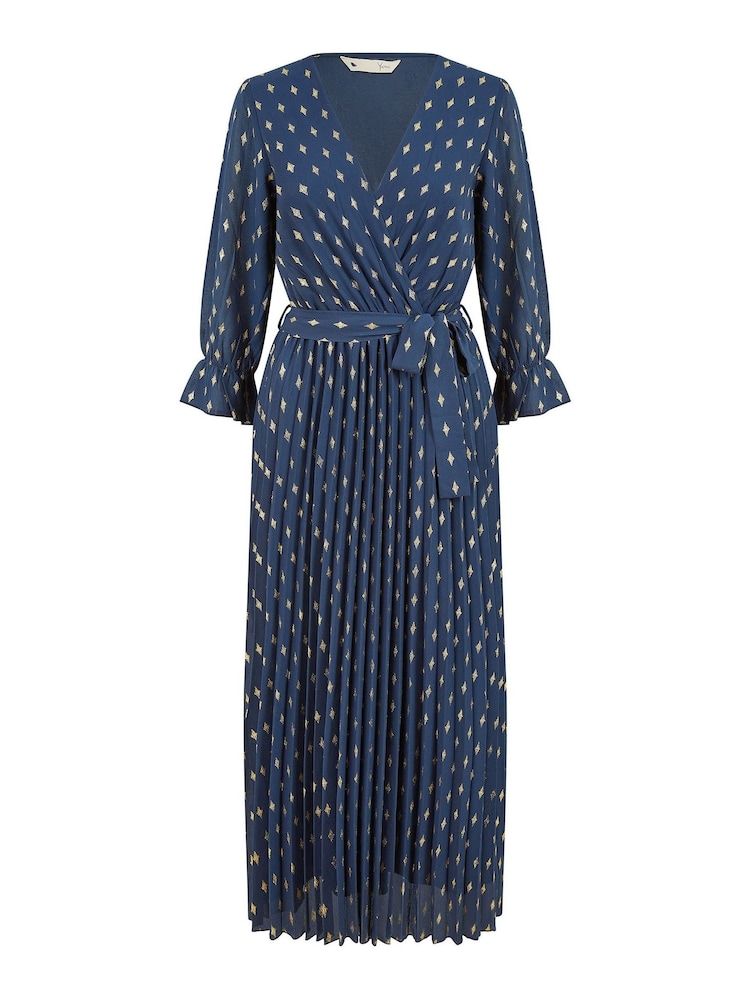 Yumi Blue Foil Printed Pleated Wrap Midi Dress - Image 5 of 5