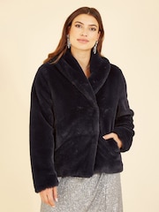 Yumi Black Short Wrap Faux Fur Coat - Image 1 of 5