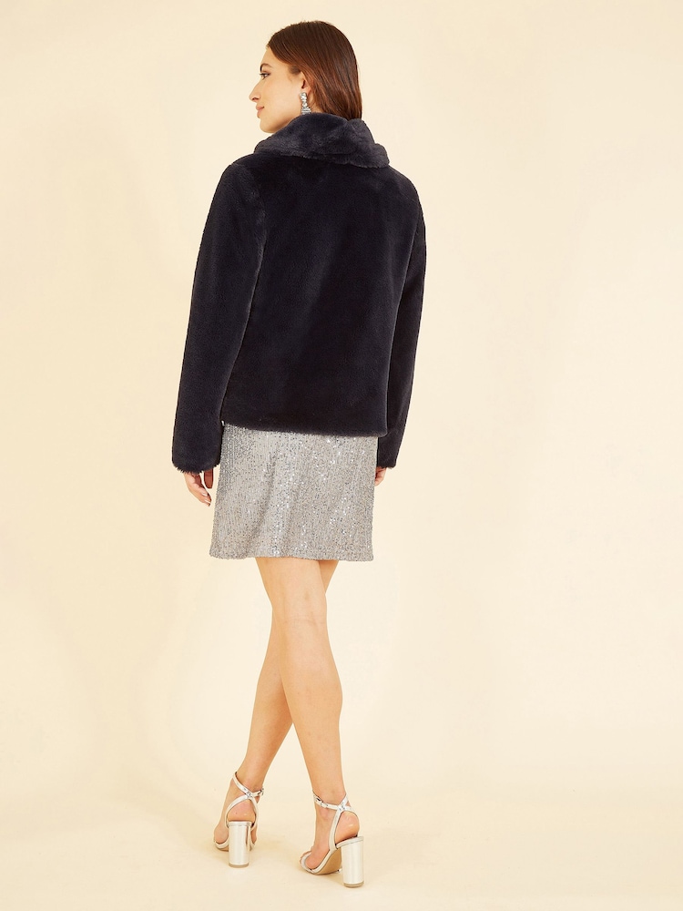 Yumi Black Short Wrap Faux Fur Coat - Image 2 of 5