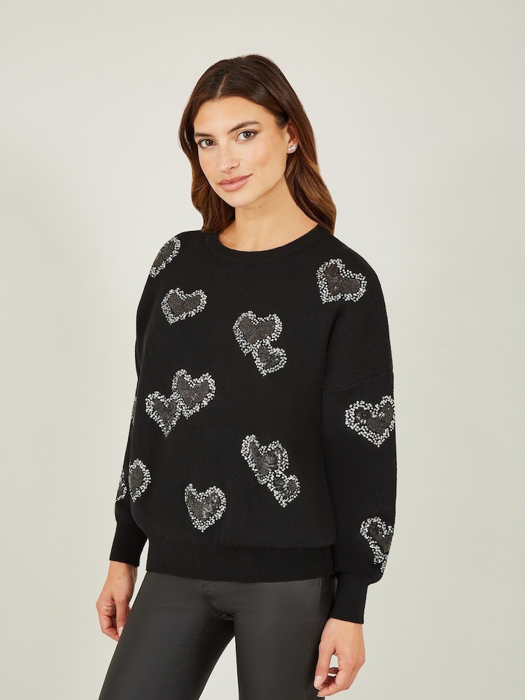 Yumi Black Sequin Heart Relaxed Jumper - Image 1 of 3