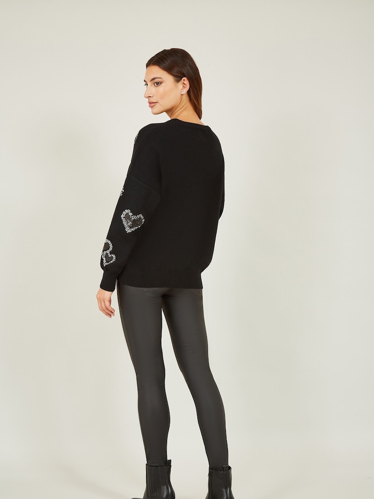 Yumi Black Sequin Heart Relaxed Jumper - Image 2 of 3