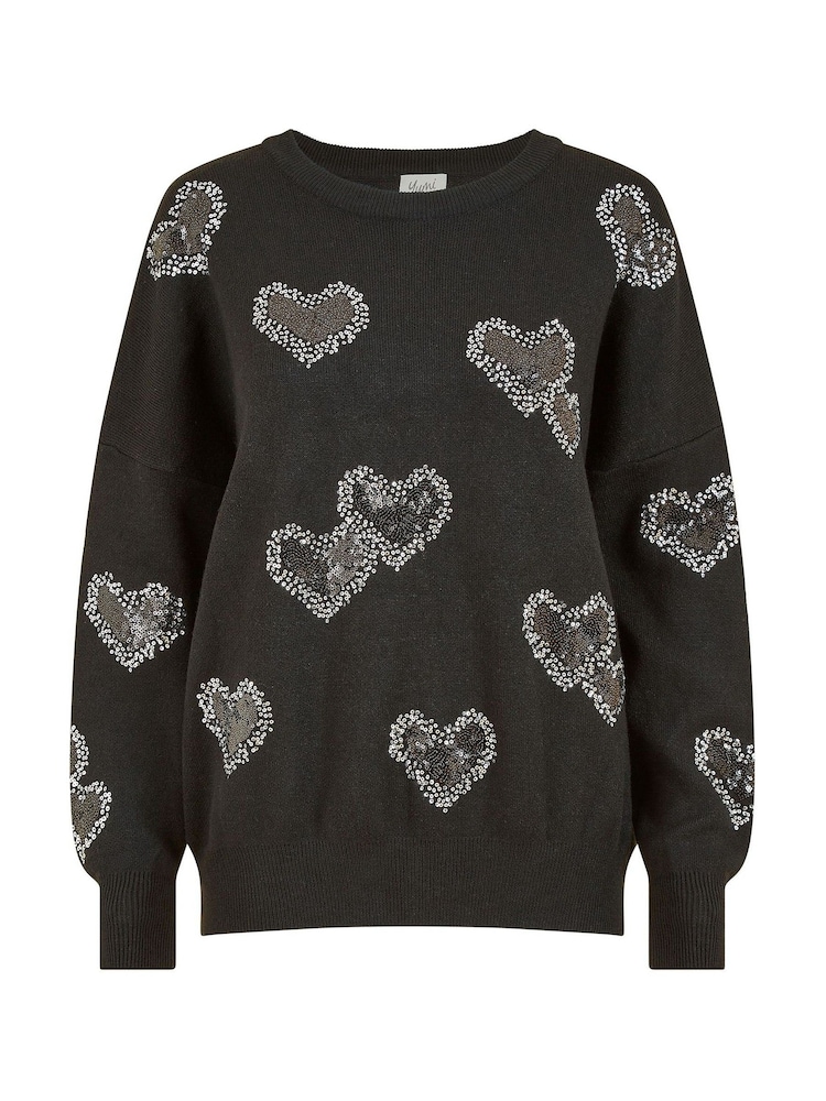 Yumi Black Sequin Heart Relaxed Jumper - Image 3 of 3