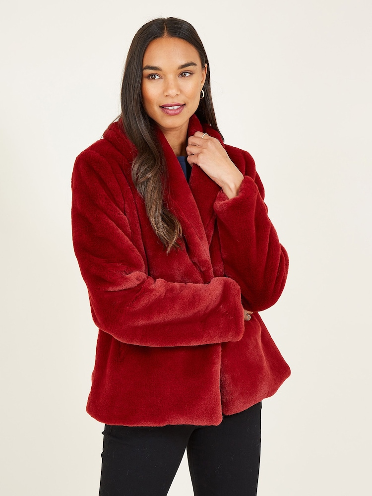 Yumi Red Short Wrap Faux Fur Coat - Image 1 of 5