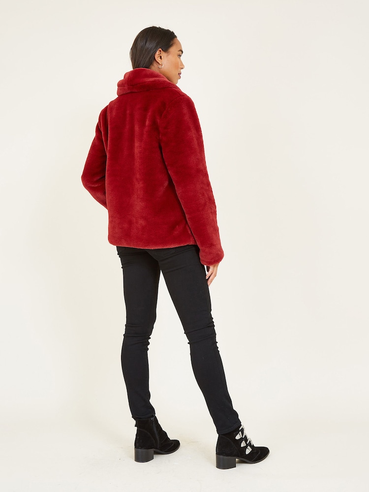 Yumi Red Short Wrap Faux Fur Coat - Image 2 of 5