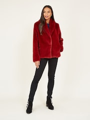 Yumi Red Short Wrap Faux Fur Coat - Image 3 of 5