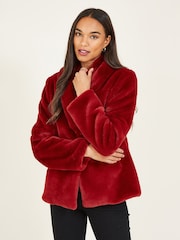 Yumi Red Short Wrap Faux Fur Coat - Image 4 of 5