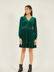 Mela Green Velvet Long Sleeve Skater Dress - Image 3 of 5