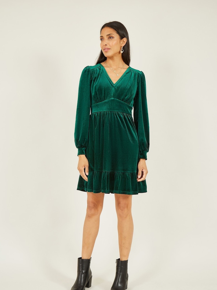 Mela Green Velvet Long Sleeve Skater Dress - Image 3 of 5